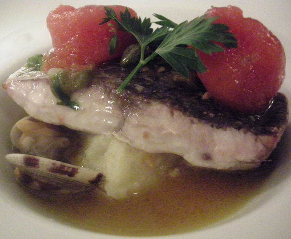 ombrina ombrina in guazzetto di vongole purè di patate